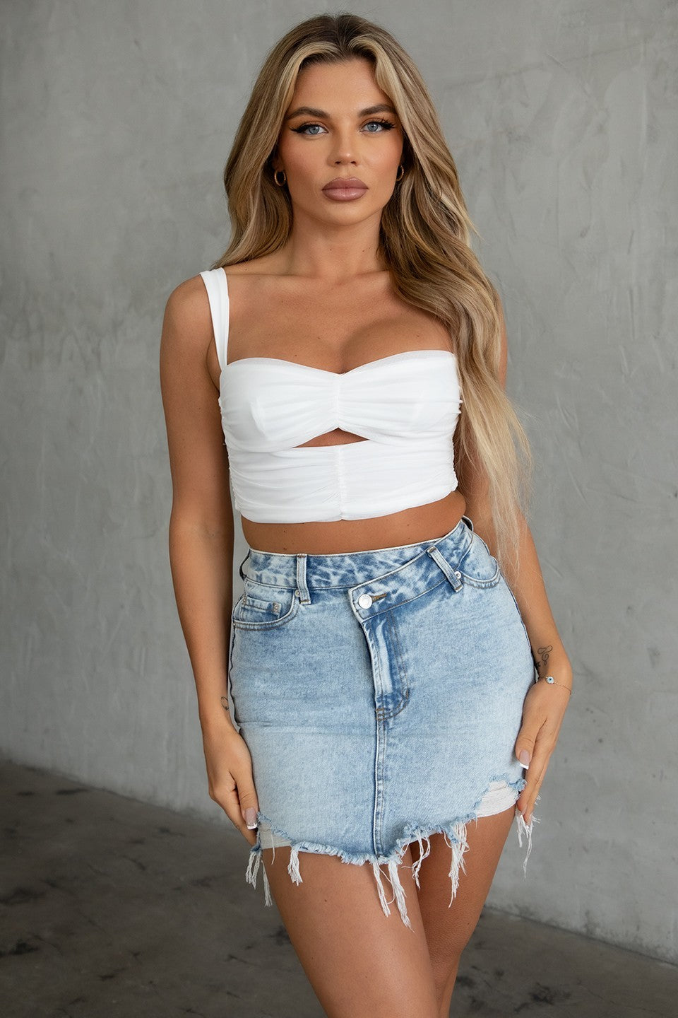 JOLIE Mid Rise Denim Distressed Straight Mini Skirt