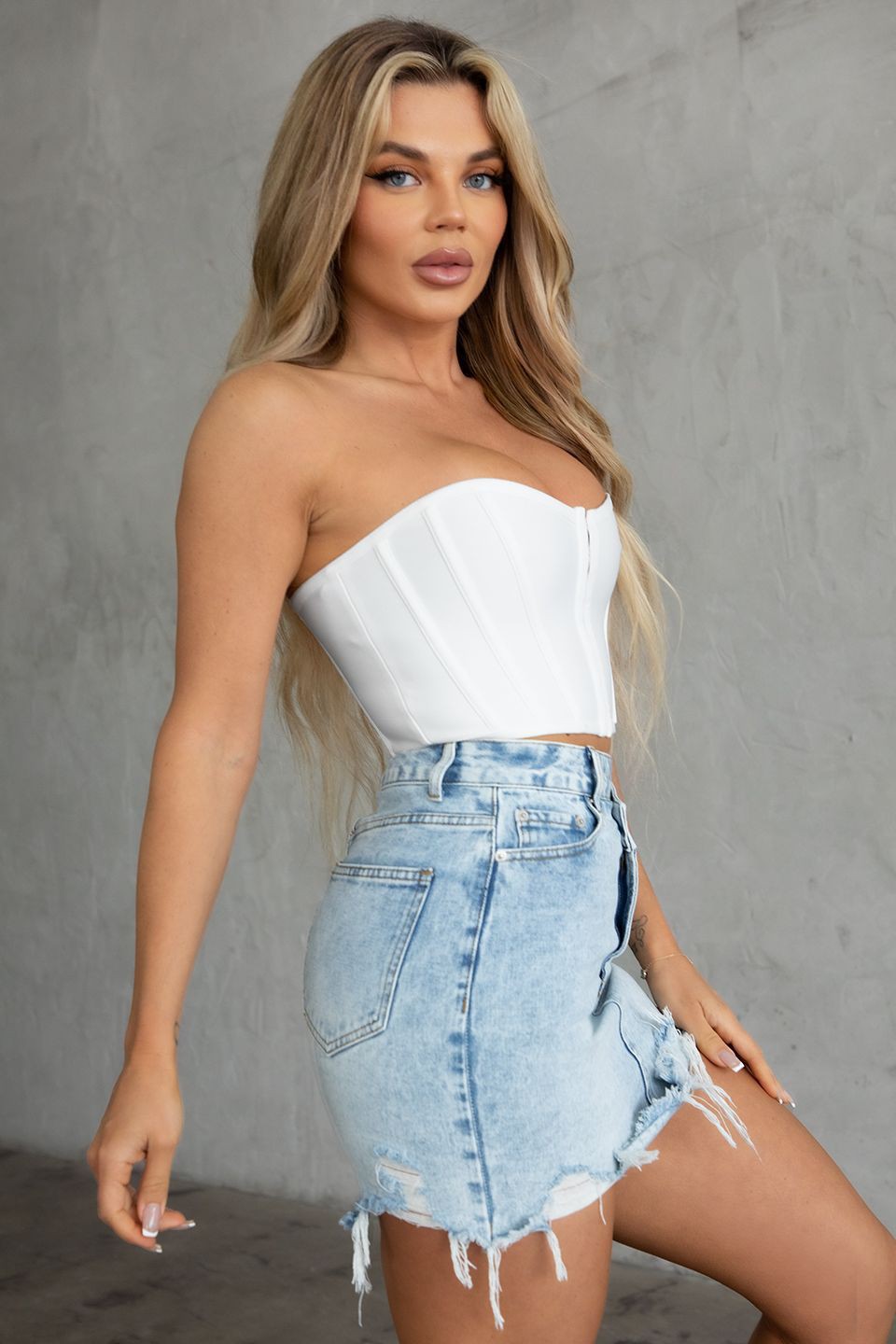 JOLIE Mid Rise Denim Distressed Straight Mini Skirt