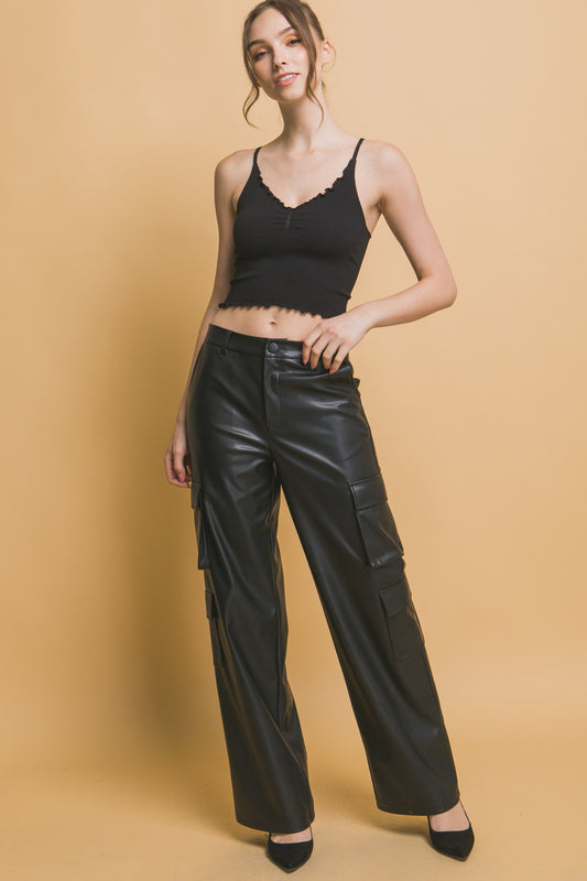 Faux Leather Relaxed Cargo Pants