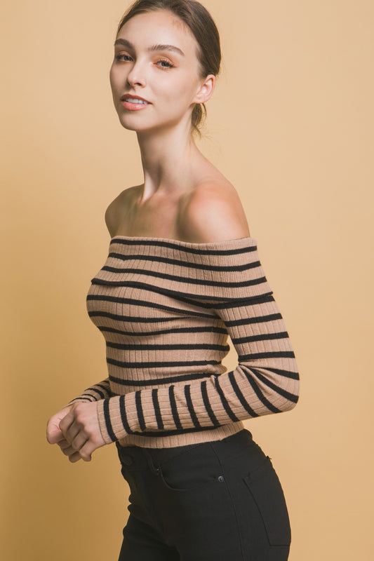 Khaki Striped Off the Shoulder Top