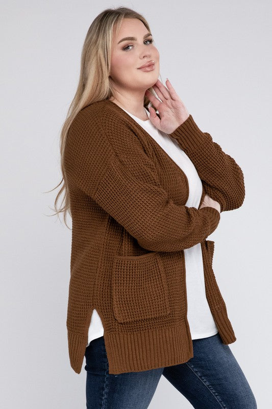 Plus Low Gauge Waffle Open Cardigan Sweater