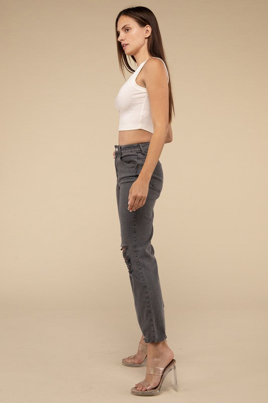 Acid Washed High Waist Distressed Straight Pants