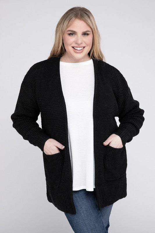 Plus Low Gauge Waffle Open Cardigan Sweater